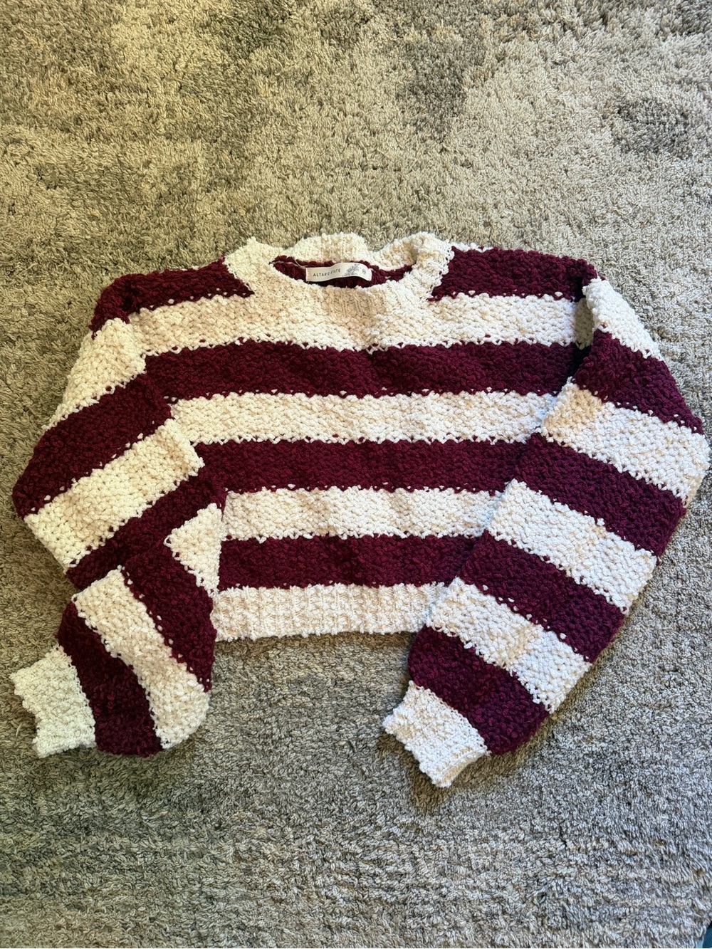 Altar'd State Burgundy and Cream Striped Popcorn Knit Sweater